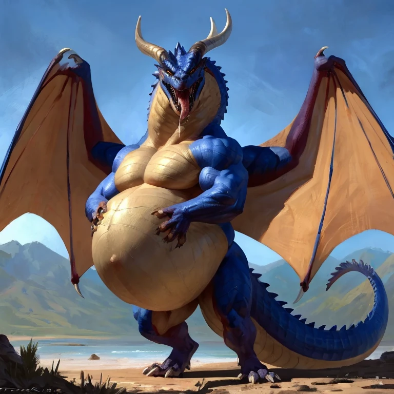 Detailed painting, by Taran Fiddler, closeup, outlook view, wide angle, dragoness, full body, feral, dainty, friendly, colorful, rounded snout, wings, pregnant-like belly, round belly, dominant belly, huge belly, bloated belly, big muscles, wide body, thick body muscles, powerfull muscles, beefy muscles, thick neck, tongue out, open mouth, saliva, hungry, voracious, glutonous, tall, enormous, giant, gigantic, colosssal size, gargantuan, kaiju, powerfull look, badass look, looking at viewer, vore