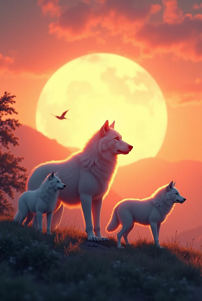 White wolf family with big sunrise