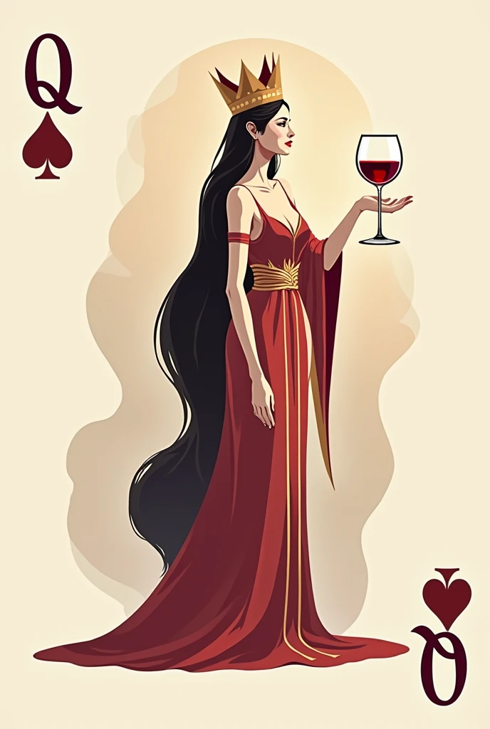 The queen of cups with a glass of wine in her hand inside a deck of Spanish playing cards logo style