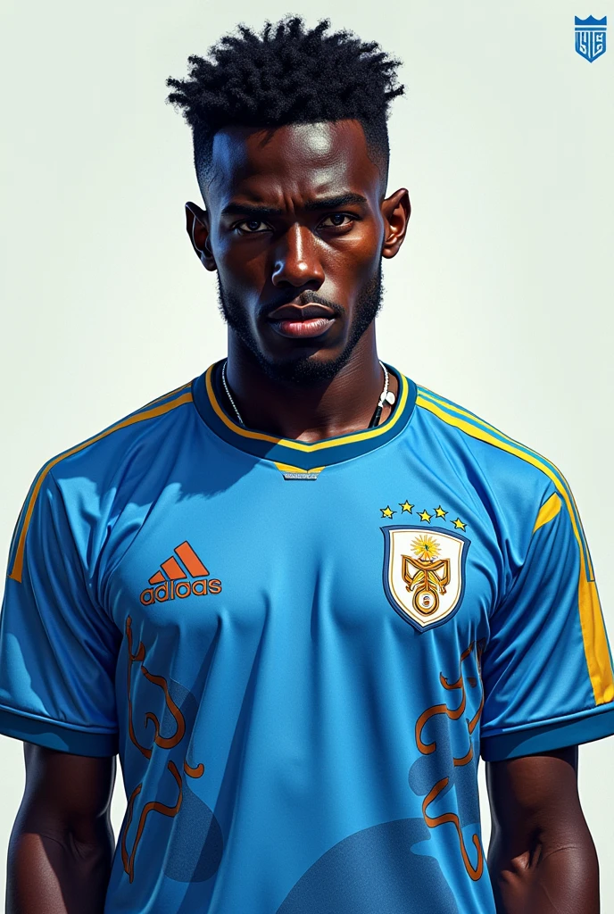 Create a black man using a blue and white Uruguay football team shirt, unique, different, crazy, crazy, cool