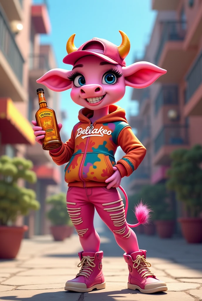 Character Design: Imagine a pink cow character with an anthropomorphic, woman workout body. The cow would be standing upright on two legs in a playful, sexyl pose.

Facial Features: The cow would have expressive, long eyelashes, and makeup to enhance its features, including a bright, engaging smile. The eyes might be large and expressive, typical of Disney Pixar style.

Urban Clothing:

Hat: A backward baseball cap, perhaps in a vibrant color like turquoise or red.
Hoodie: A hoodie with the colorful text "BELLAKEO" prominently displayed. The hoodie could have a relaxed fit and a stylish design.
Pants: Trendy urban pants, like ripped jeans or joggers, fitting with the cool aesthetic.
Accessories:

Sunglasses: Stylish, oversized sunglasses resting on the cow's face or hanging from the neckline of the hoodie.
Piercings: A few piercings on the ears and a small nose ring.
Pose and Props: The cow would be holding a bottle of tequila in one hand, perhaps with a playful or flirtatious tilt to the bottle, and standing in a confident, sensual pose.

Overall Style: The image would have vibrant colors, a clean and polished look, and a playful, energetic vibe characteristic of Disney Pixar animations. The cow should exude personality and charm, fitting the urban and fashionable theme.