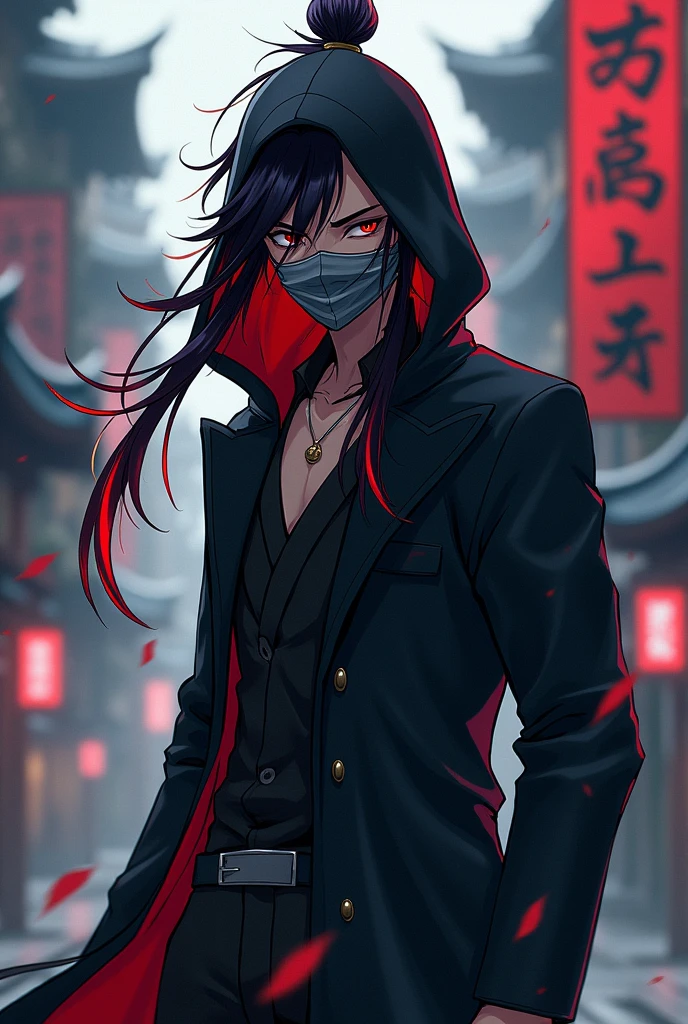 Create an anime style male character wearing a black long sleeved hooded overcoat with long black hair with red tips tied into a samurai cookie with a gray Japanese hannya mask