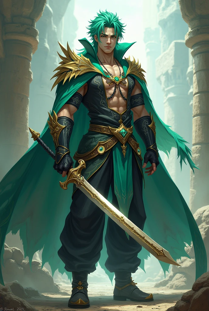 Create a strong male character with green hair and a sword written on it "Pacifist" on the blade. Based on the game Genshin impact