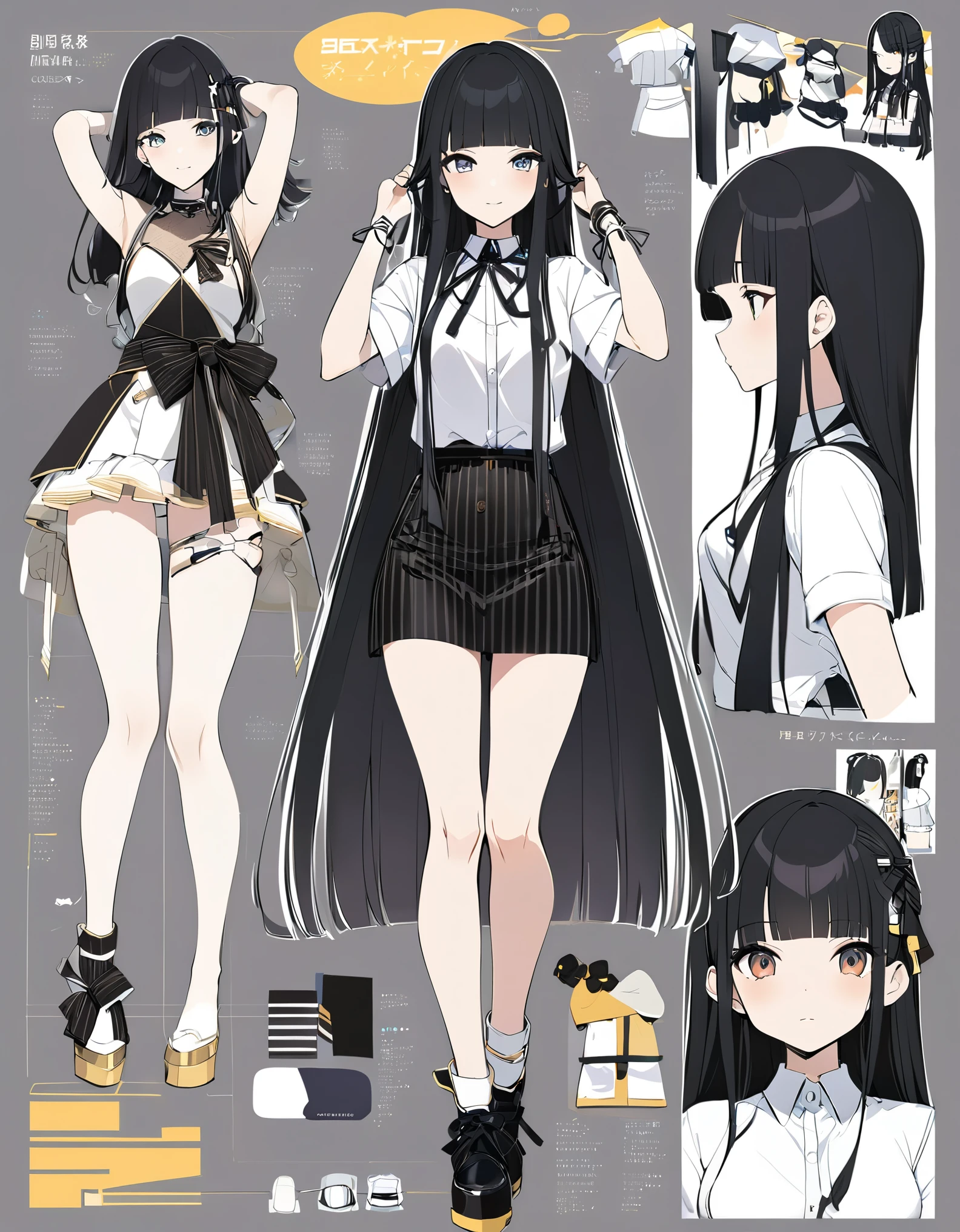 アイドル、iDOL、ヘッドセット、Tying up hair、ヘッドホン、マイク、Virtual Character Design,Black Hair、blunt bangs、Straight Hair、Concept character sheet, face, Modern design, 1 female,Sexy concept,