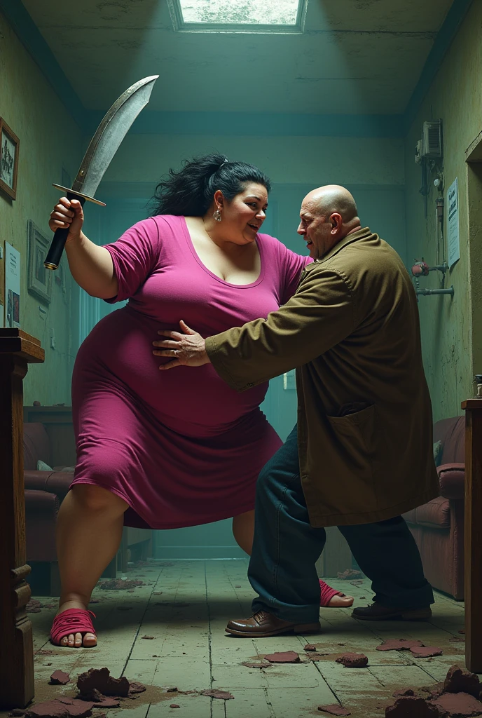 A fat woman in pink clothes with a sharp blade on her left arm she is attacking a man,baldie, fat guy with brown coat and they are in a madhouse room