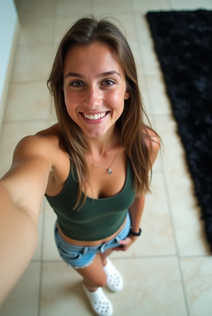 1girl, solo, realistic, her name is Cathlyn, she is a Caucasian brunette, 30 years old, mature face and body, smiling, short hair with bangs, chubby, nude and naked inside Algarve Villa transient, (((selfie shot)))
