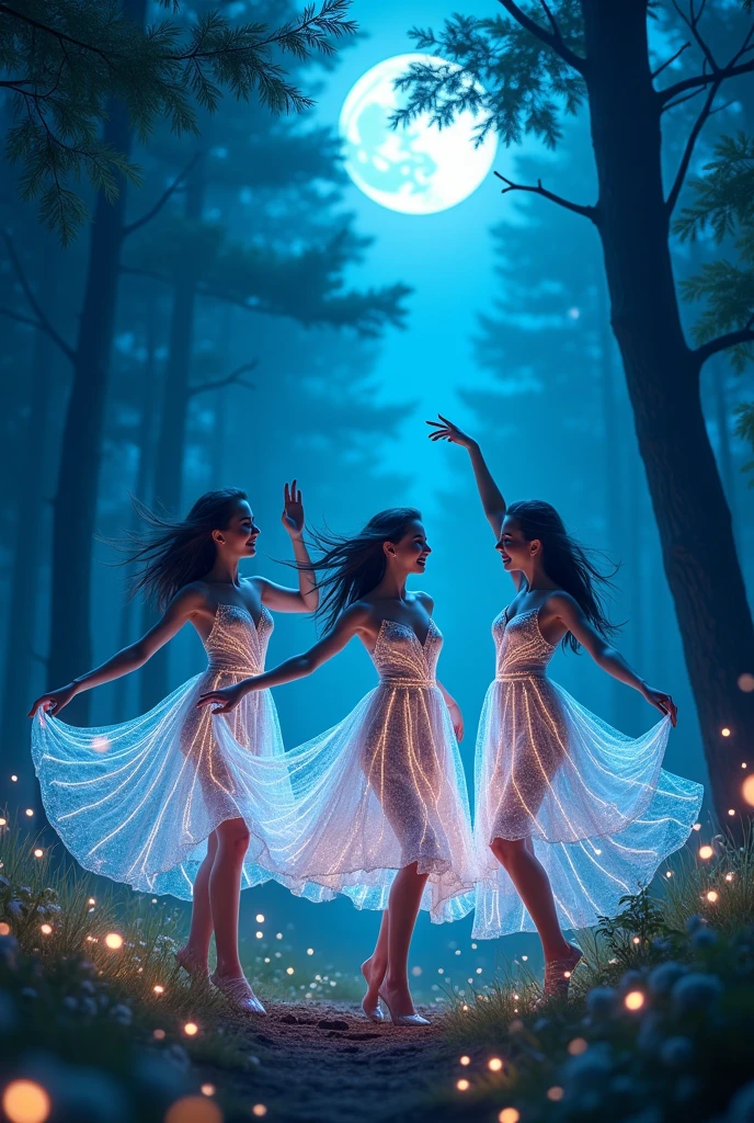 Three beautiful girls dancing in a good mood Myst lighting intricate design dress with neon design light lines art in a georgious forest in a blue moon light fire flys around the girls with sparkle lighting 
