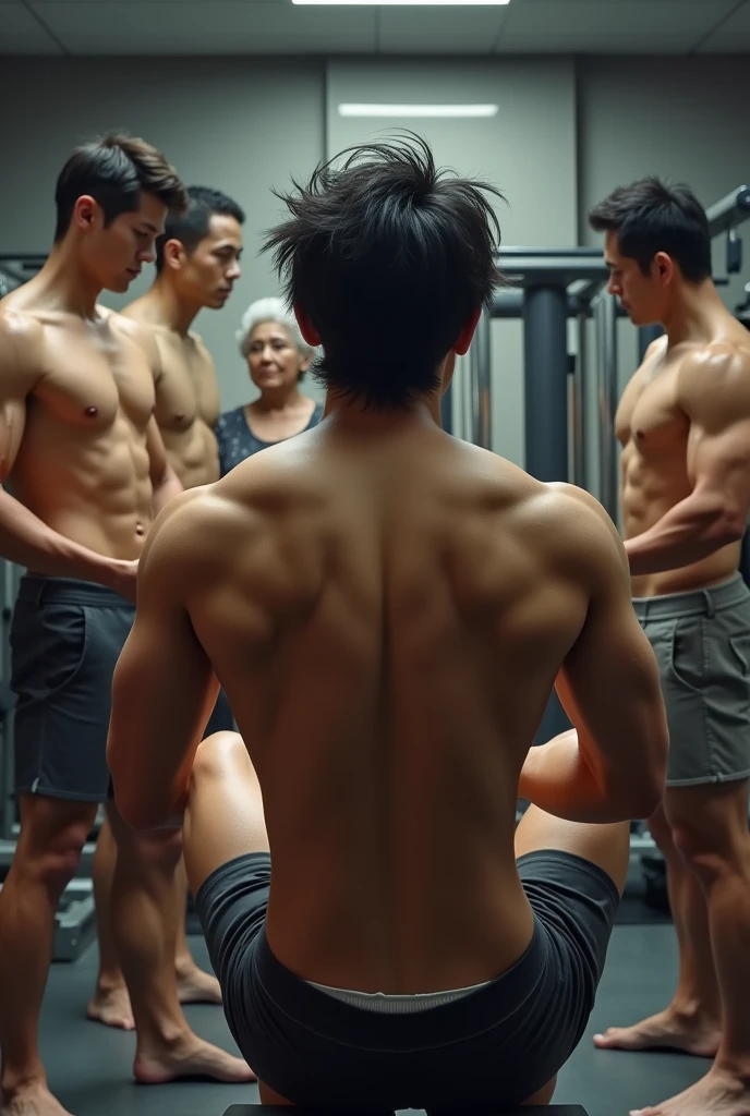 Handsome Men、、Japanese、Slim body、Mash Hair、Completely naked、Full nudity、erection、Back view of a person doing squats in the gym、Face turned to the side、Elderly woman next to