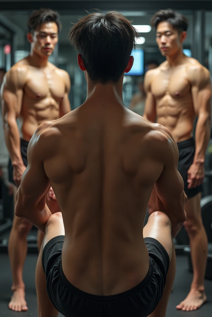 Handsome Men、、Japanese、Slim body、Mash Hair、Completely naked、Full nudity、erection、Back view of a person doing squats in the gym、Face turned to the side、Elderly woman next to