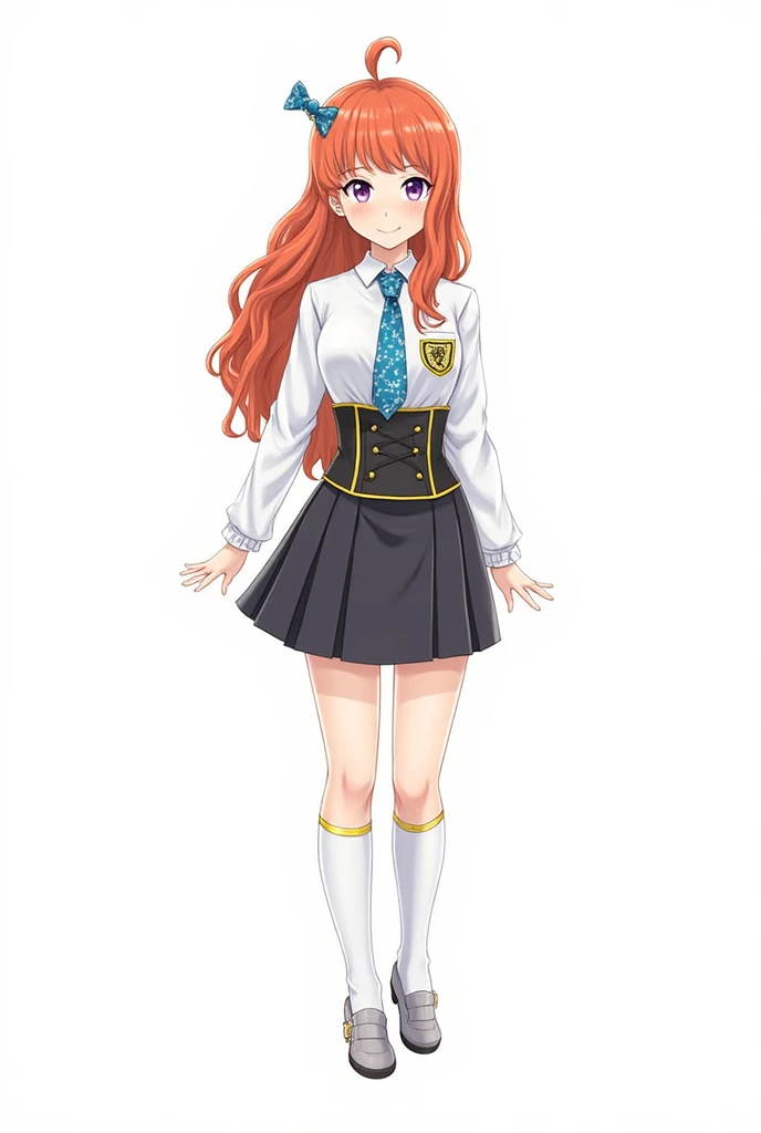 Style de dessin: Super Danganronpa 2: Goodbye Despair.
Sprites. No movement. OC DANGANRONPA.
C'est une femme aux cheveux orange longs et ondulés, aux yeux violets pâles et au teint pâle. Hitomi a un ruban noué sur le côté gauche de sa tête, qui maintient ses cheveux en place. Elle porte également une paire de boucles d'oreilles en forme de petits nœuds. Sa tenue se compose d'une chemise blanche à manches longues, d'une cravate bleue à motif triangulaire et de boutons de manchette bleus. Sa cravate est maintenue en place par un clip bleu qui est attaché à une chaîne et à un autre clip. Saemi porte également une jupe haute et un corset avec des boutons dorés et un emblème de son ancien lycée, une paire de chaussettes blanches avec une doublure jaune et une paire de chaussures gris clair.