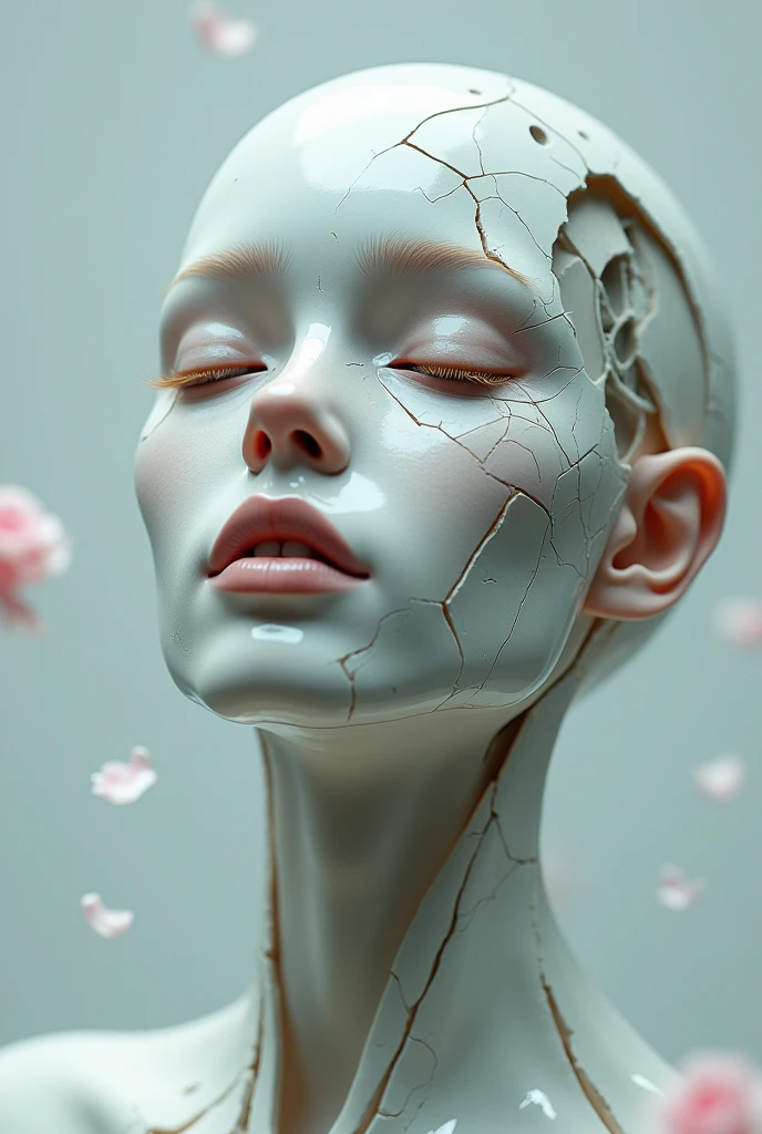 Death of a beautiful humanoid female, close up of a broken android, digital art, cracked porcelain face, futuristic look, captivating, close-up, skull, fragile, emotional, shatter into fragments, shattered glass, shattered pieces of a woman body, made of porcelain, broken, destroyed, abstract patterns, tile art, roses, portrait photography, cinematic, white and light gray, shallow depth of field