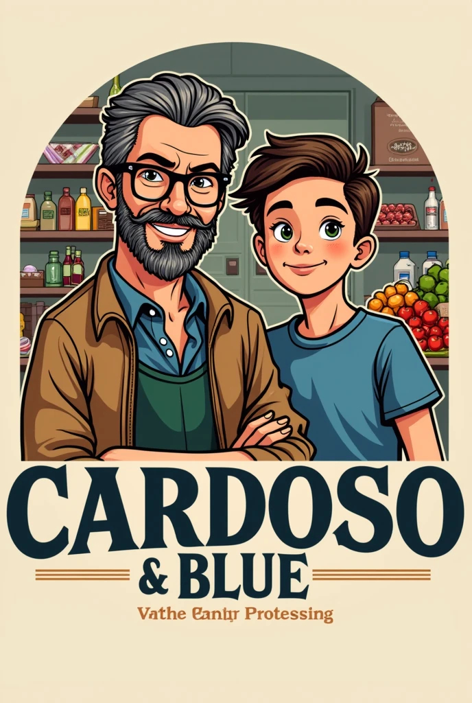 Logo for market, as the name of Cardoso & Blue, that demonstrates the love and trust between two generations of father with a mustache, glasses, side-swept hair, medium gray brown color, e Caucasian skin, and male child, sem glasses, Caucasian skin, with a well-trimmed beard, and brown hair, and in the background a market with food, drinks, candies, and cleaning products.