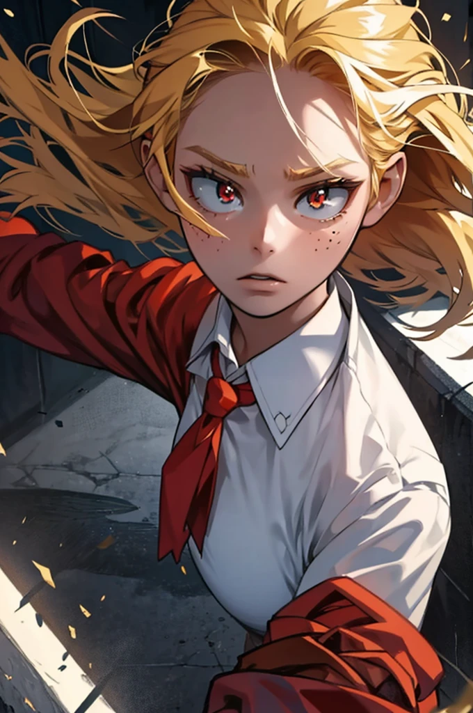 A front-facing image of the same young blonde girl, her hair just above her shoulders, wearing a school uniform. The uniform consists of a crisp white shirt, a red blazer, and a black tie. Her eyes, usually determined, are now wide with fear, glowing golden as they reflect the terror of what she sees in front of her. Her expression is one of intense fright, her face pale with a few freckles standing out against her skin. The background is shadowy and ominous, enhancing the sense of danger and fear. The scene captures the moment of vulnerability and shock, contrasting with her usual heroic demeanor.