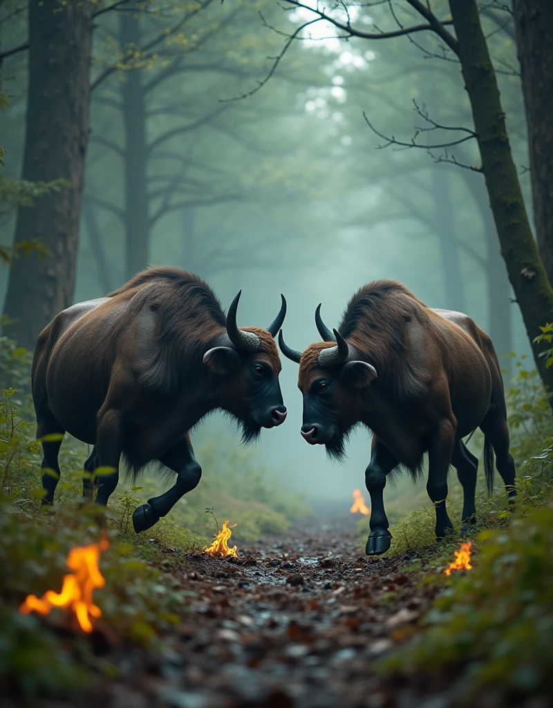 CREATE A SCENARIO OF A FOREST WITH RAINY TEMPERATURES WHERE IN THE CENTRAL PART OF THE SCENARIO A MUSCULAR MAN IS FACE TO A BULL, HE STOPPED THIS ANIMAL WITH HIS HANDS ON THE HORNS, THE BATTLE BETWEEN THESE 2 IS WILD, SINCE DUST IS RAISING AROUND IT AND THERE ARE SMALL WHIRLPOOLS, THERE IS FIRE SCATTERED IN SOME PLANTS AROUND IT