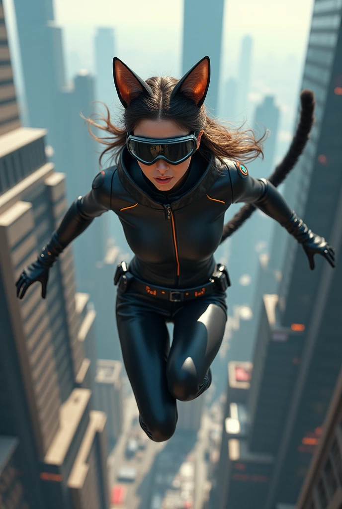 A woman in a spy outfit and futuristic glasses. This woman has furry ears and a furry tail. She just jumped off a building.