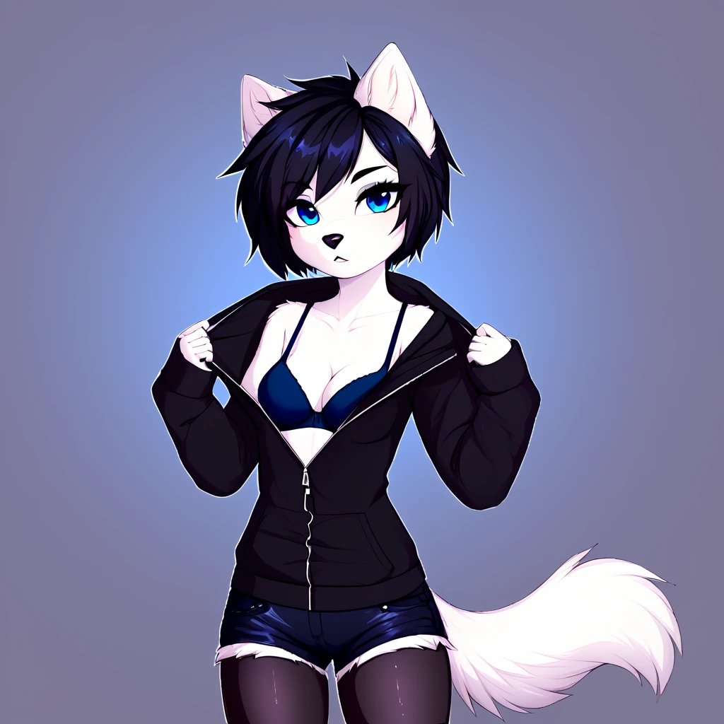 anthropomorphic dog, female, white fur, short black hair, blue colored eyes, simple background, black sweatshirt, Half-open sweatshirt zipper, bra strap showing, short black shorts, black drag tights