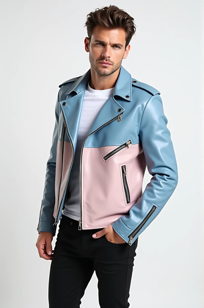 mens dusk pink and  blue, moto leather jacket, amazon product, white background, front and back --ar 16:9