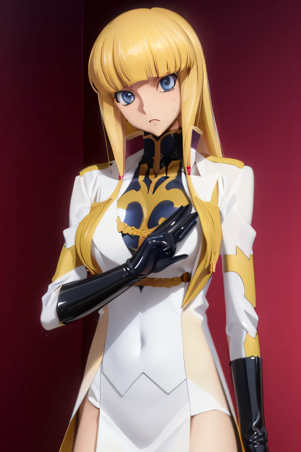 Highest quality,Highest Resolution,(((Latex military uniform　bionde　biondeの陰毛　dark blue eyes　sweat)))　code geass　Monica　long hair　straight　expressionless　flat chest　woman　cool