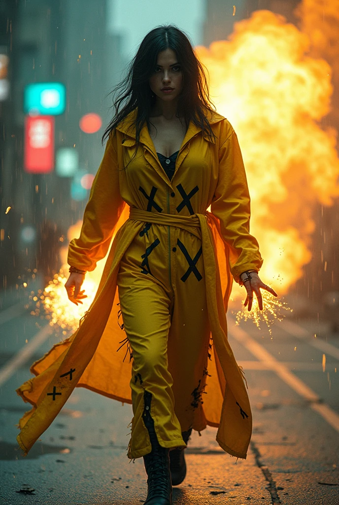Rain, fragments, particles blender 
Actor female Phoenix Akira kaneda's cyclops creepy monstrous scary as Phoenix Energy blast of futuristic nanopunk  viking traje viking Year 2099s from X-Men's filmed by ZackSnyder,cyclops dress traje semi rasgado , fighting against thugs X-men Full body , traje rasgado semi Pearl yellow black neon-infused psicodélic fragments splash Snowflakes X-shaped stripes raytracing  fashion Week , variant angles, captured with award-winning photography technique, cinematic, dark environment, bokeh, grainy, urban-xmen setting, blurry, IMAx, filmed with Kodak portrait 400, 200mm, f2.8, high resolution, teal filter.Adicione efeitos com chuva, e. Novas cores e trajes diferente em cenas imagens feita,  atraente sexy traje curto 
