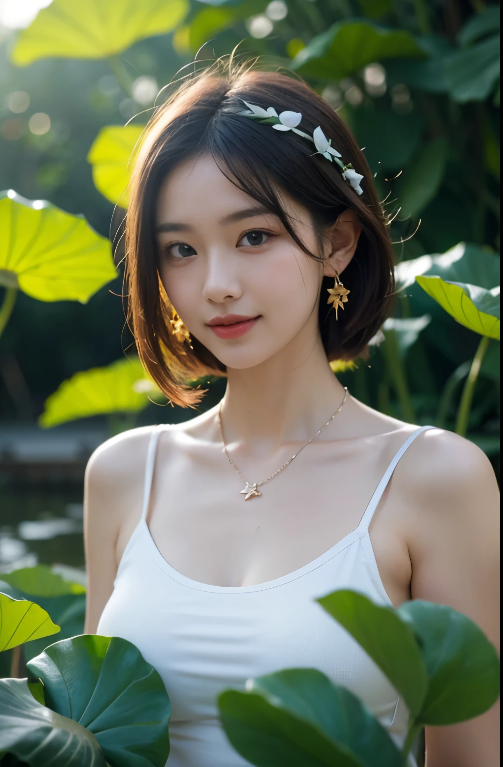 Portrait of lovely woman in bright windy field, Lotus leaf background，watercourse, Chicken lotus root stalk，lotus Leaf，lotus，Leafy Arch，(Backlight),detail， Practical,Upper Body，best quality, detail，Serious, In the shadows, bloom, [[Chromatic Aberration]，Natural skin texture，Red，Wearing lilies on the head，Tie your hair up，Clive Archie，Medium breasts，Areola，Upturned nipples，earrings，necklace，Smile，transparent，Transparent red sports T-shirt，The shoulder strap is broken