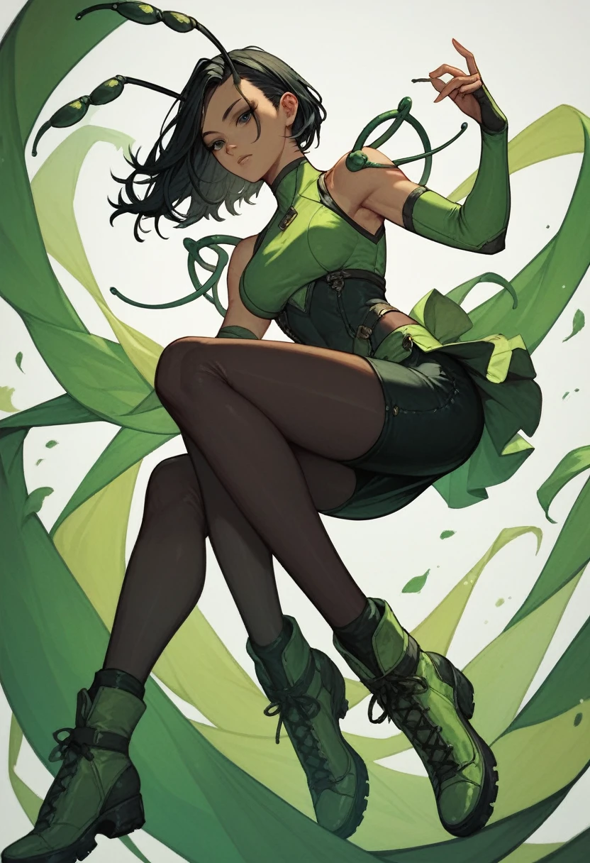 1girl, black eyes, black hair, seamless hair, shoulder-length, antennas, sleeveless, dark green bodysuit, black pants, dark green mini skirt, dark green boots, dark green sleeves, modest pose