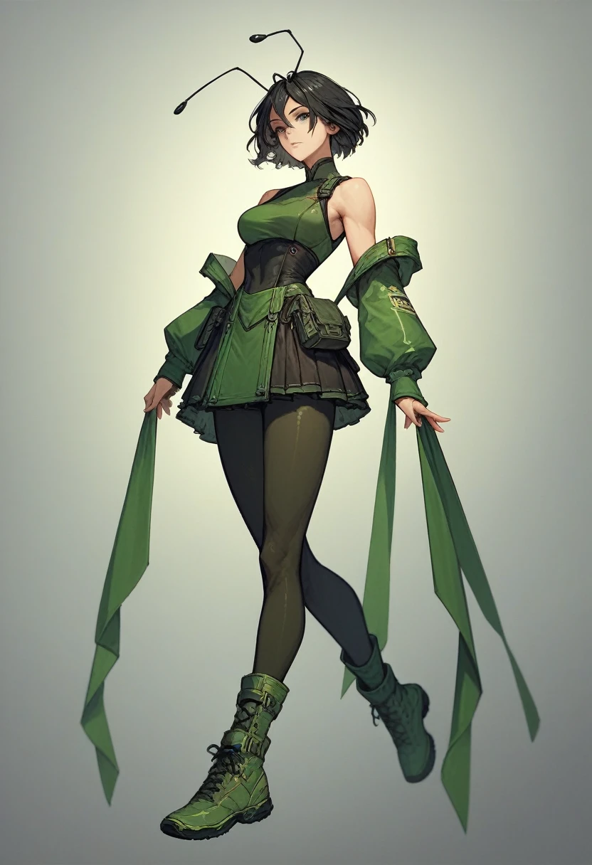 1girl, black eyes, black hair, seamless hair, shoulder-length, antennas, sleeveless, dark green bodysuit, black pants, dark green mini skirt, dark green boots, dark green sleeves, modest pose
