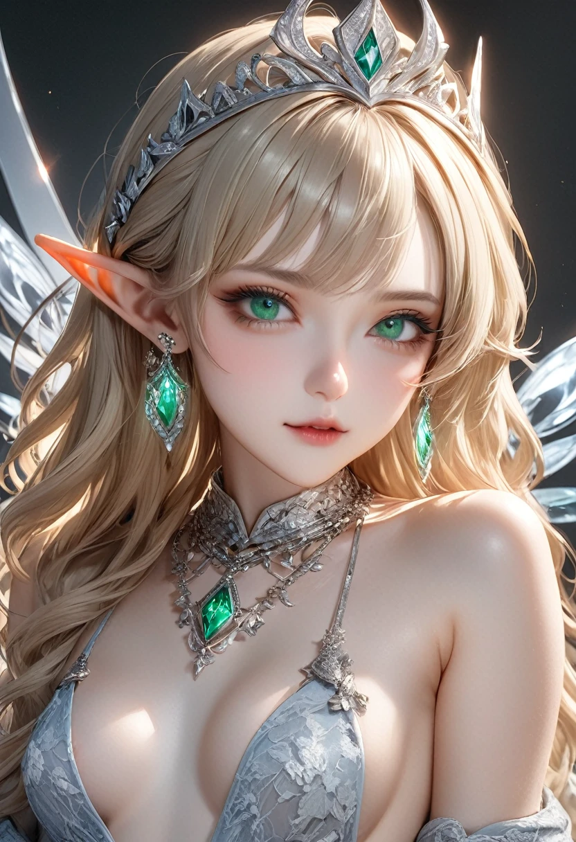 ,((Highest quality))),8k,((masterpiece)),(Very sophisticated and beautiful), ((Elf female warrior carrying a sword、Pointed elf ears, wavy blonde hair, green eyes, Bare Skin:1.2)), Beautiful face, Small breasts、White eyebrows、Silver tiara、Silver earrings、White skin、Glowing Skin、Silver and diamond necklace、Silver bangles、Green lace dress、it)