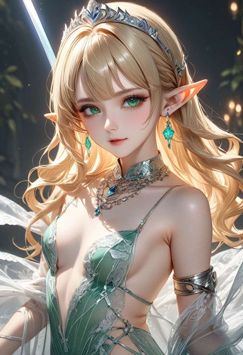 ,((Highest quality))),8k,((masterpiece)),(Very sophisticated and beautiful), ((Elf female warrior carrying a sword、Pointed elf ears, wavy blonde hair, green eyes, Bare Skin:1.2)), Beautiful face, Small breasts、White eyebrows、Silver tiara、Silver earrings、White skin、Glowing Skin、Silver and diamond necklace、Silver bangles、Green lace dress、it)