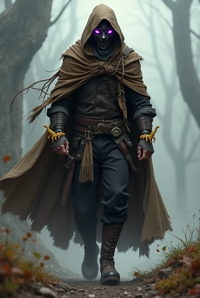 Make an image of a Hunter with a half-destroyed brown cape, a mask with purple and yellow details, floating bracelets around the arms, a scarf around the neck with yellow claws and a black overcoat