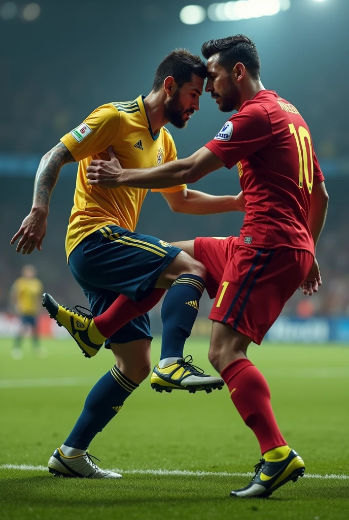 Messi stepping on Cristiano Ronaldo's head