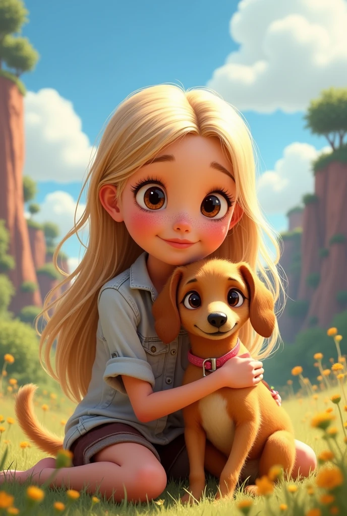 A Pixar-style cover featuring a blonde teenage girl with brown eyes and freckles, accompanied by a male greyhound dog, full brown in color, hairy on the face.