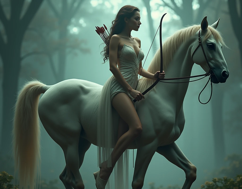 ((a beautiful young woman disguised as a centaur)), she has a sophisticated fake centaur lower body attached at her waist, striking a sensual pose holding a bow and arrow precisely, her own lower body also disguised as centaur forelegs, with an incredibly realistic and movie-like detailed centaur torso, hind legs and tail extending from behind her body, highly detailed, 8k, hyper-realistic, masterpiece, ethereal, fantasy, magical realism, dramatic lighting, rich colors, intricate detail, ((There is no horse or horse head in the frame!))