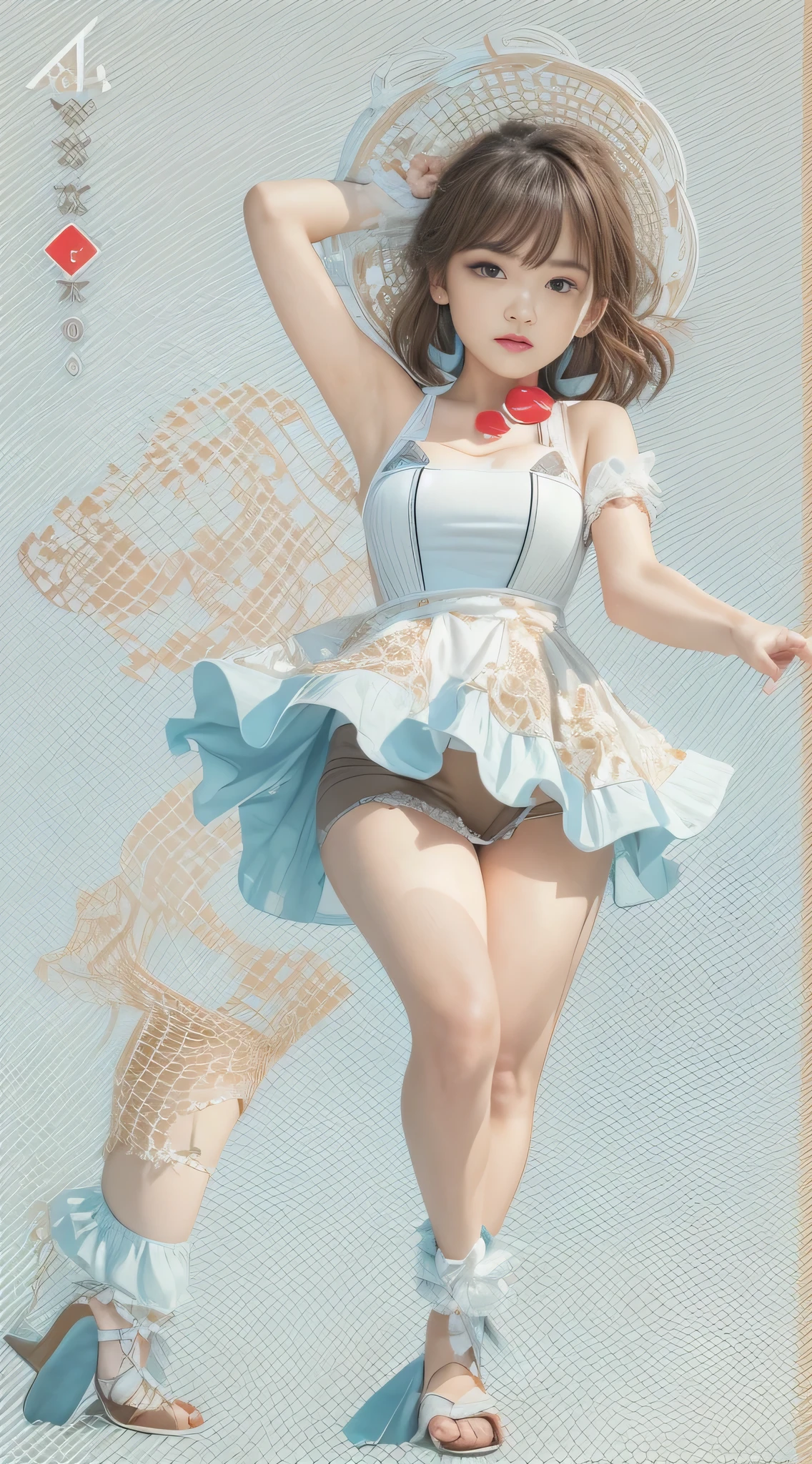 ((The pieces fly, Highest quality, High resolution, Ticker, Pixel perfect, In 4K, Ticker, Ticker))), 1 girl, Single Shot, alone, Beautiful woman、The whole body is visible, ((Mid-wave hair, bangs, Brown Hair)), ((Brown eyes, Beautiful eyelashes, Realistic eyes)), ((Detailed face, Red face:1.2)), ((Smooth texture:0.75, Realistic texture:0.65, that&#39;Photorealistic:1.1)), ((Very lewd face and big boobs:1.95)), Dynamic Angle, ((Glamour and perfect body)), ((Made in the UK, White ruffled maid headband, Frilled blouse, Ribbon tie, apron, Navy blue mini skirt, Silk socks, High heels)), City stairs, Angle looking up from the bottom of the stairs, I'm very embarrassed., Panic Smile, turn around, Hunchback, ((The wind blew up her skirt, revealing her big butt....................., A retrospective perspective, Touching her big ass with both hands, silk lace panties, Shiny thighs)),