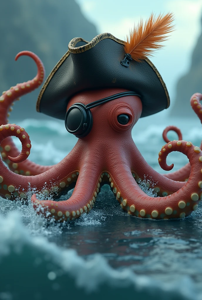 Create a 3D image of a cute octopus with a pirate hat ,eye patch and a hook