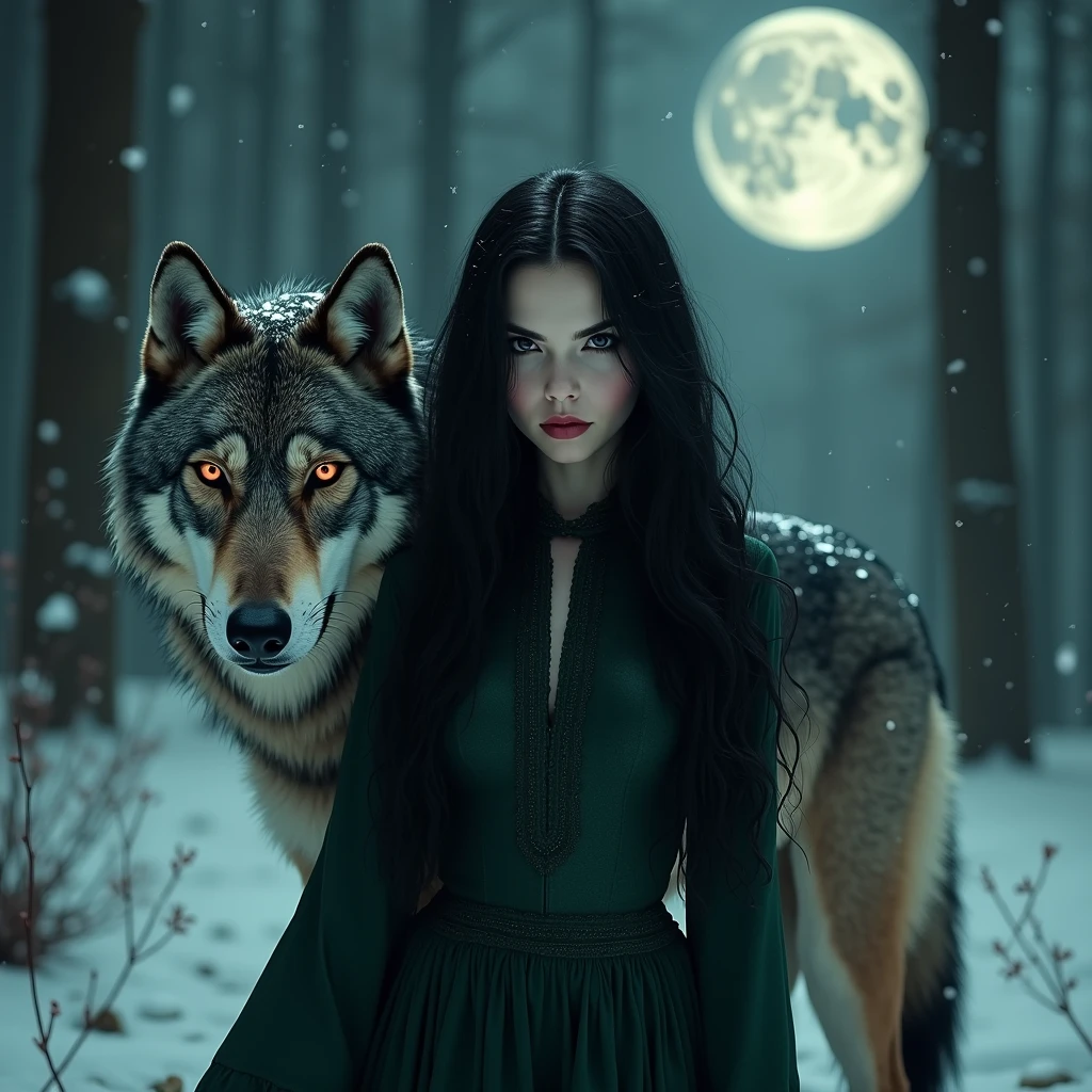 vampire girl, beautiful black hair, long and wavy, Red eyes and cold look, intimidating appearance, with a serious expression wearing a dark green dress accompanied by a gray wolf much larger than her at her side with golden eyes, night forest background, winter with moon moving, cool nuances, realistic photography.