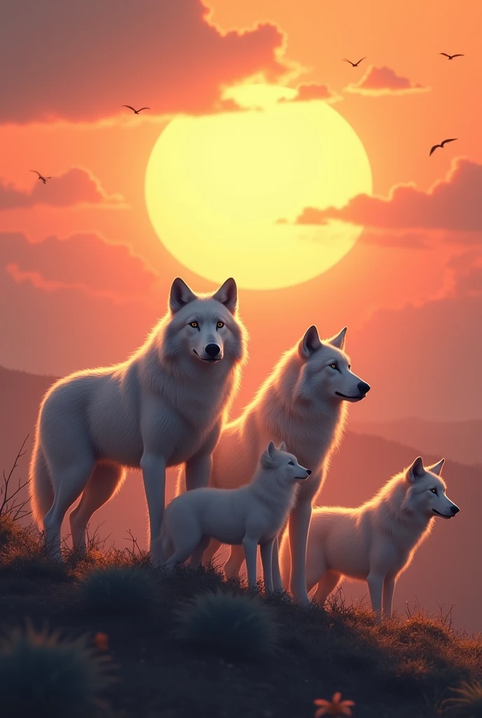 White wolf family with big sunrise