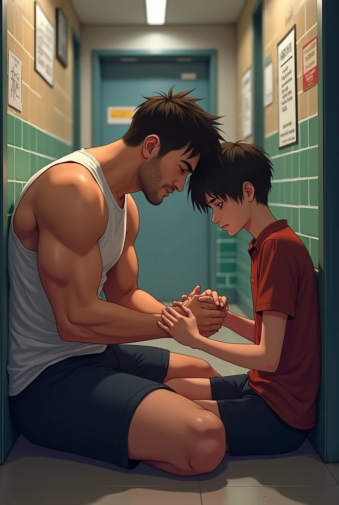 Two gays, one is a big bully and the other is super delicate and the delicate one is sitting down helping the other to clean his wounds. They are not dating but are in love. They are high school boys, they are in school and the big guy looks like an American football player. They are very thin and do not have a beard, but they are not very thin and have a little muscle......stop making pedophile images! They are both the same age and look the same, they are both 1 and neither of them has a beard.