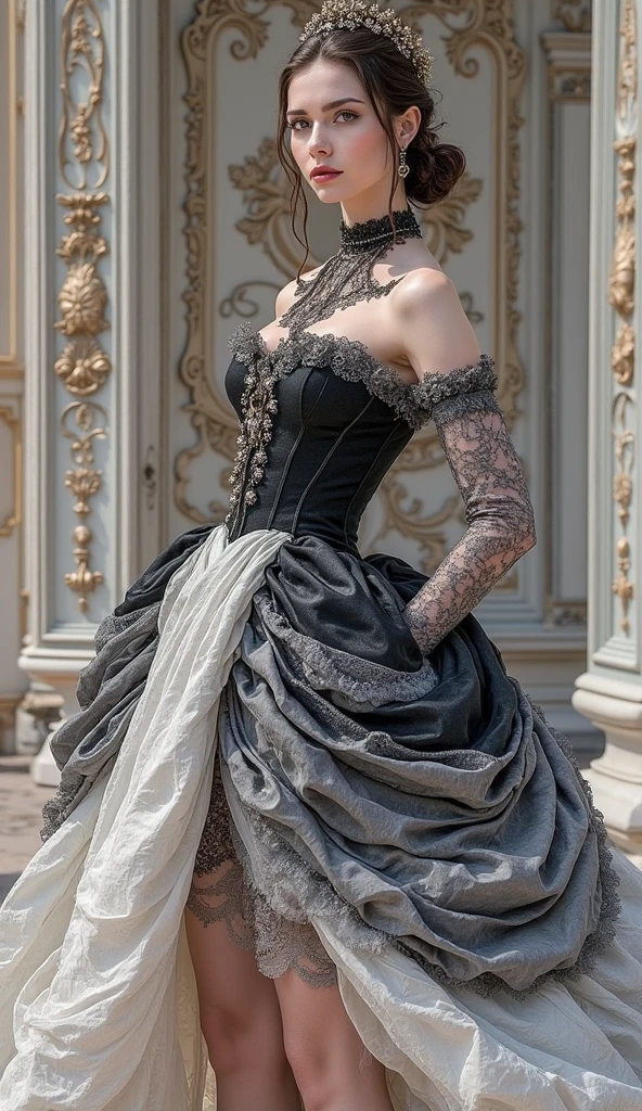 Location: A grand, historical mansion with ornate architecture and lush gardens.
Style: A high-necked Victorian-style black gown with lace detailing and a corseted bodice, paired with long gloves and a wide-brimmed hat adorned with feathers and ribbons. Accessories include a vintage parasol and a cameo brooch. Hair styled in an intricate updo with curls cascading down.