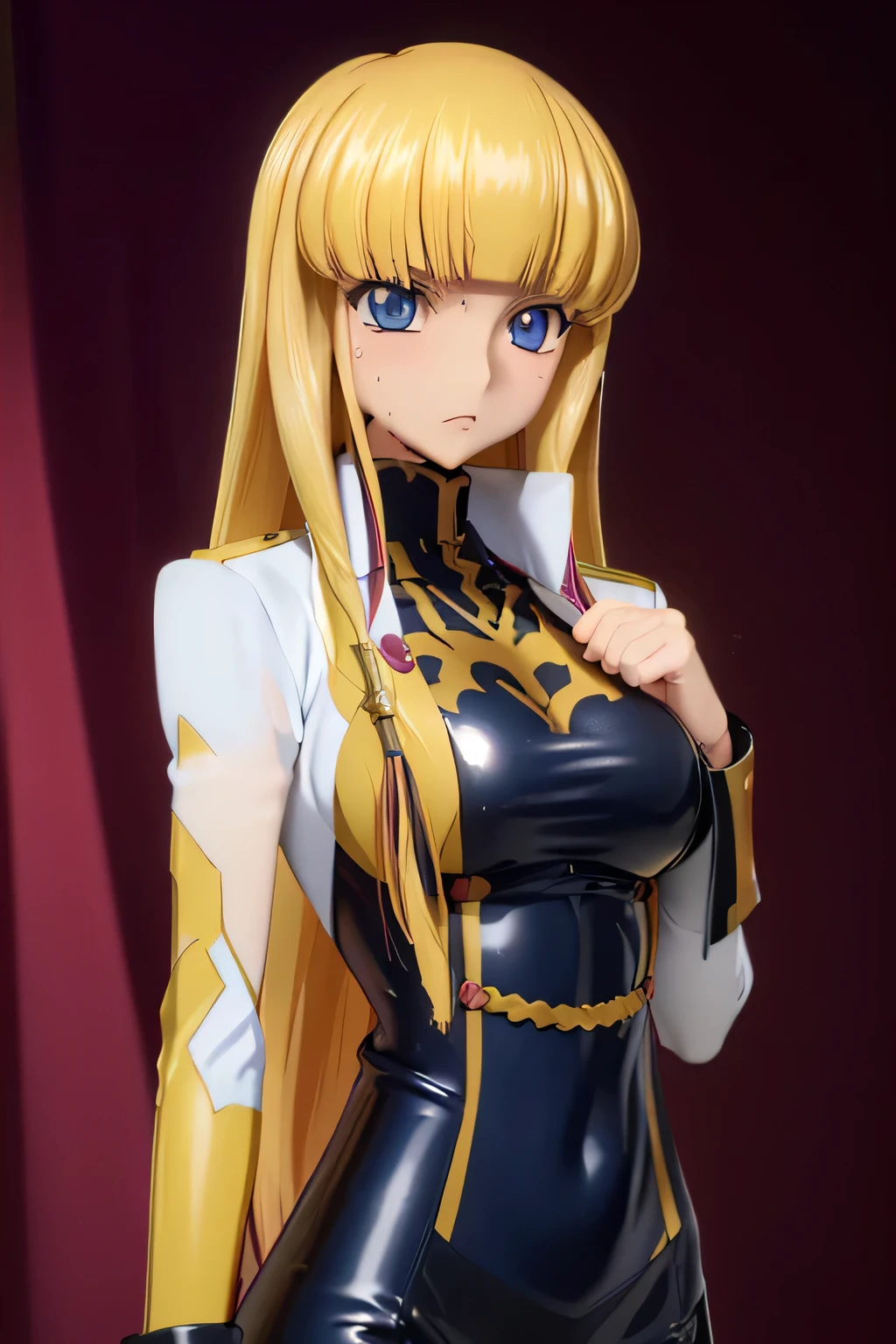 Highest quality,Highest Resolution,(((Latex military uniform　bionde　biondeの陰毛　dark blue eyes　sweat)))　code geass　Monica　long hair　straight　expressionless　flat chest　woman