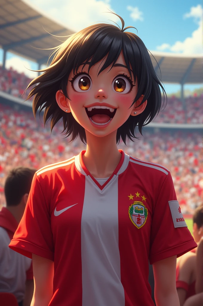 Short-haired girl wearing the Peru national team jersey at the stadium