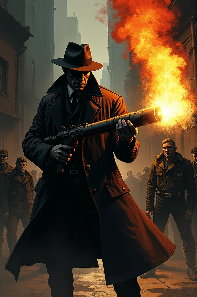 A picture of a comic noir style hero burning Nazis with a flamethrower like in Tarantino.