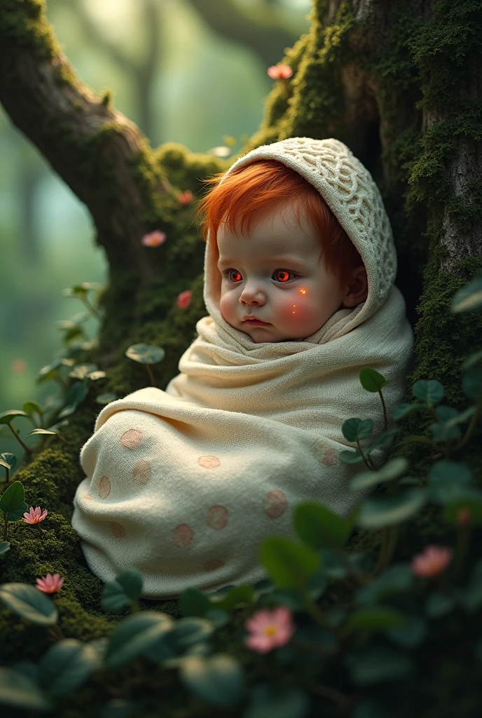 A baby wrapped in a blanket in a tree with red eyes and red hair