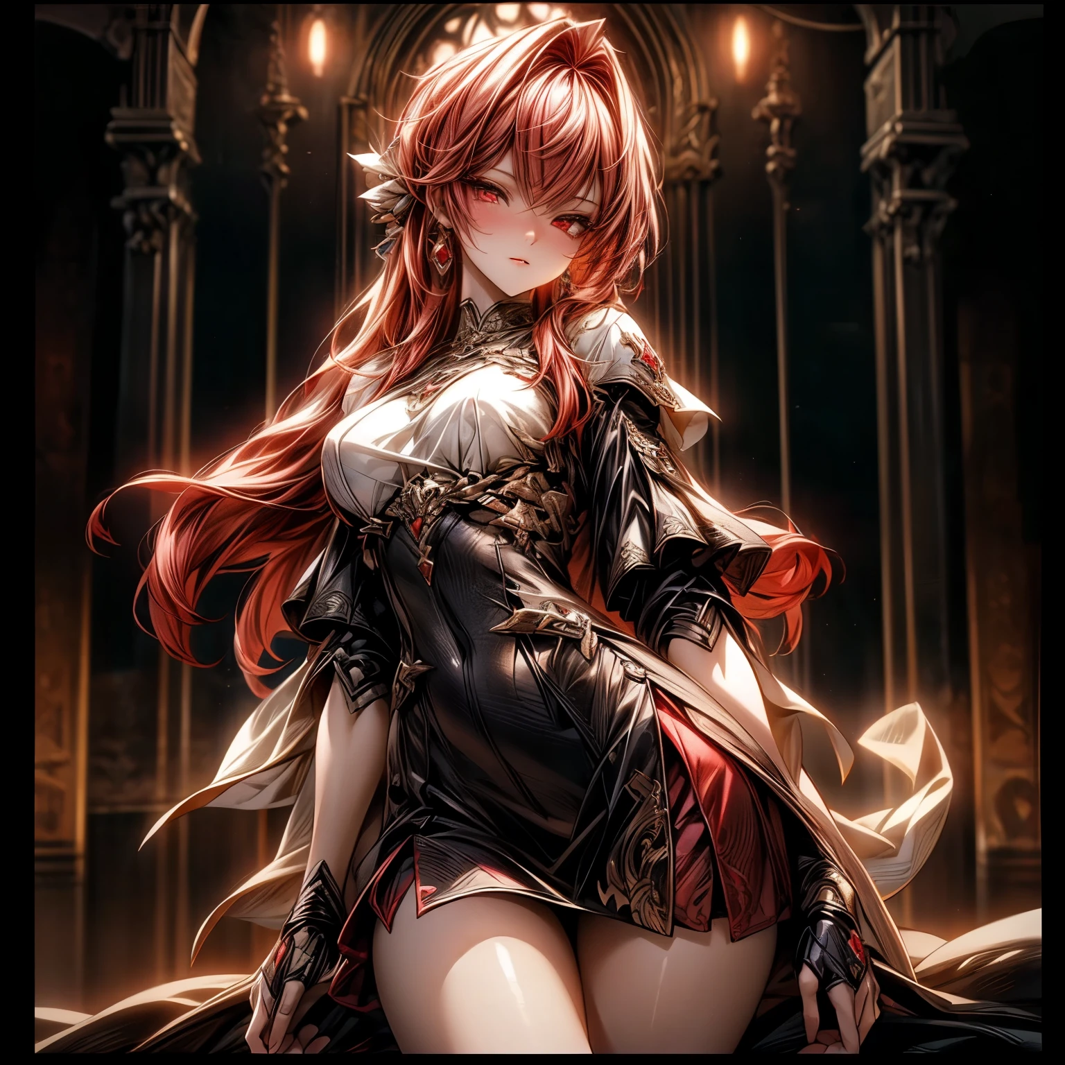 (best quality)), ((Masterpiece)), (details:1.4), 3d, HDR (high dynamic range), Mature woman, Fantasy, Cyberpunk, Red hair, Curtain Bangs, Hips up, Beautiful Red eyes, จมูกโด่ง, ปากแดง, หน้าอกใหญ่, nvidia RTX, PBR surface, After processing, Anisotropic filtration,depth of field, Maximum clarity and clarity, multi-layered surface, Subsurface scattering, perfect proportions, 8K raw files, ultra detailed, Perfect proportions, volumetric lighting, soft lighting, Holy Paldin, Heavy Black Armor, glossy skin, Castle background, jewely, ต่างหู, นิ้วมือสมบูรณ์, mini red skirt,