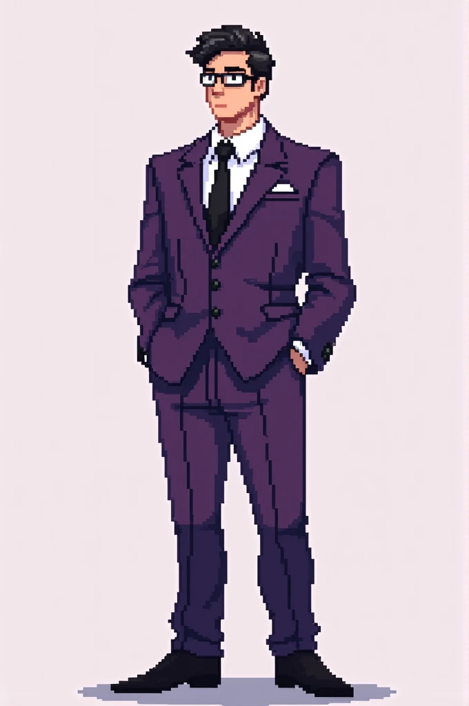 Pixel art character with purple formal wear and black pants with black glasses 