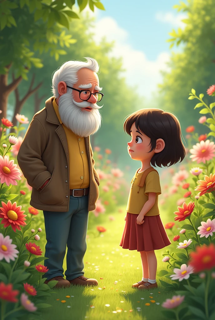 
a seven year old girl with chocolate colored hair without bangs with MEDIUM hair, He is in an orchard talking to his grandfather, his grandfather without glasses, without a jacket, He has white hair and a beard. They are surrounded by many flowers, where the grandfather and the girl are watching. The girl is worried and the grandfather is amazed. The girl is telling him that some men are going to cut down trees and the animals and plants are scared..
