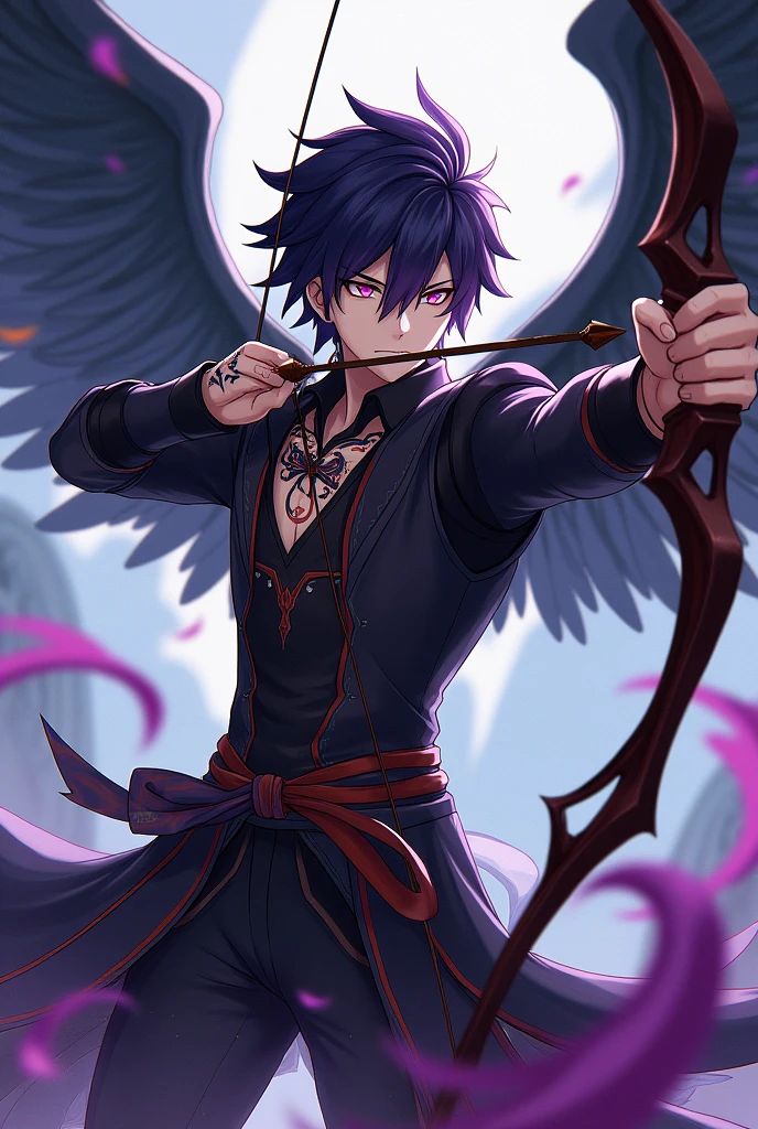 Create a dark haired male character with purple and orange tips, his eyes having heterochromia and scars on his face. He uses a bow and arrow and has black wings on his back.. Make him in an action pose in the style of the game Genshin Impact