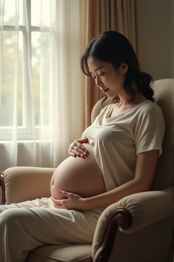korea woman big pregnant in chair