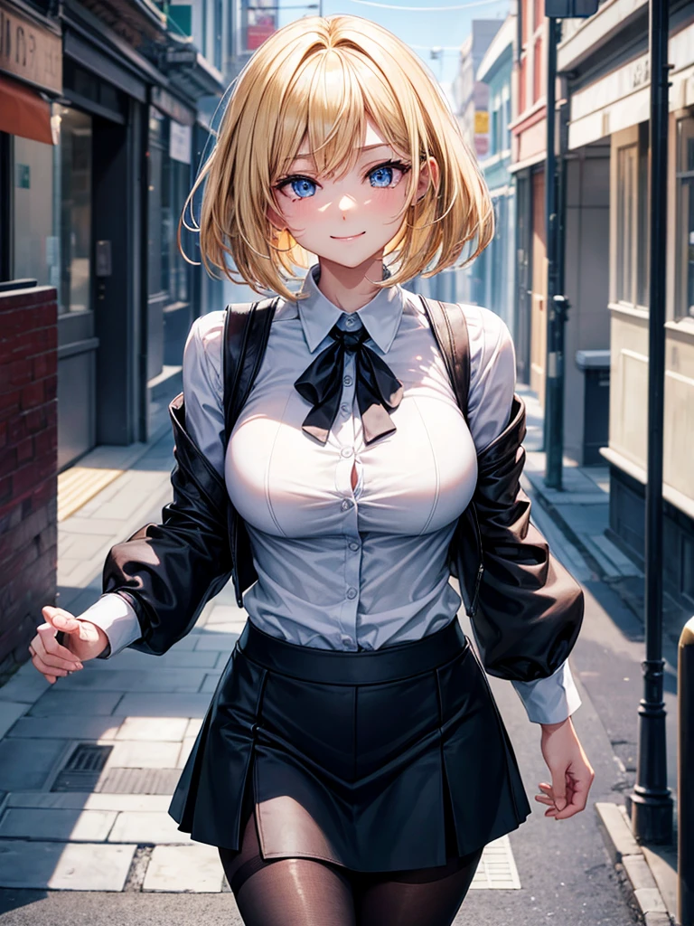 Anime style, super fine illustration, highly detailed, beautiful detailed, perfect detailed, super high quality image, static representation, gentle expression, happy expression, the pretty image, super stylish, 8k, pretty 1girl with blonde straight short hair & blue eyes & a bright smile & full bust & soft fair skin is a career woman who is very hard working not to show her skin wearing big business shirt & black tight skirt & black pantyhose on the urban business buildings street, in the morning, solo, perfect fingers, no more fingers, no less fingers, perfect arms, no more arms, perfect legs, no more legs, no more hair, masterpiece.
