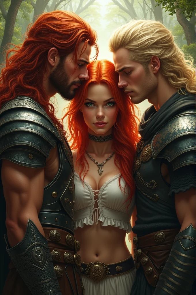 a beautiful female warrior with red hair and green eyes, in a love triangle with two male warriors, one with long red hair, caramel skin and a bad boy look, and the other blond with short hair.
The man with the red hair looks at her lovingly and hugs her, and the one with the blond hair wants to seduce her, she is between them and doesn't know which one to choose