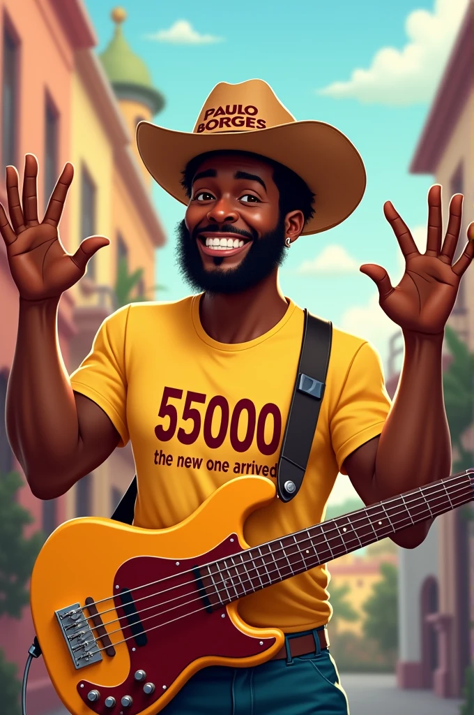 black male, 30years, bass guitar, fatter, with a cowboy hat that says Paulo Borges, making 15 with your hands, Cartoon estilo Disney,yellow t-shirt written 55000 the new one arrived 